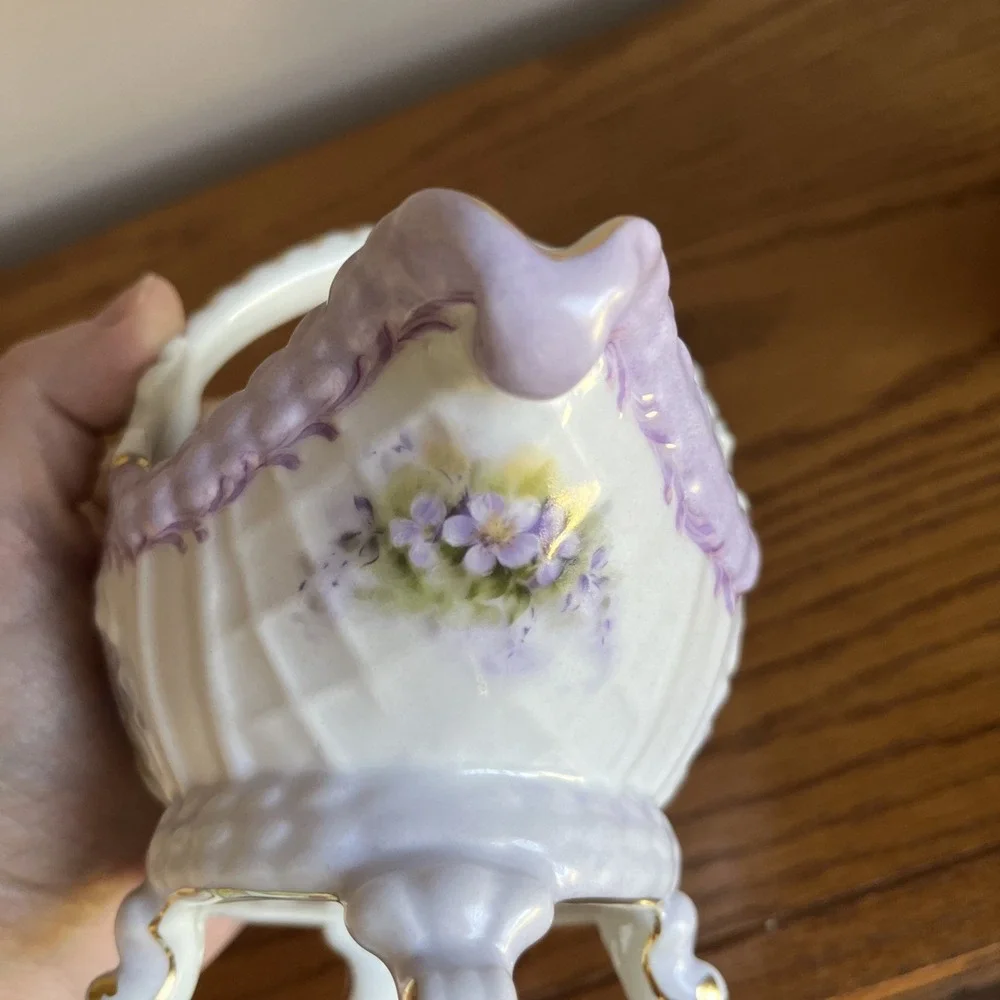 Vintage Cracker Barrel Footed Porcelain Basket Violets 10K Gold Trim Cottagecore